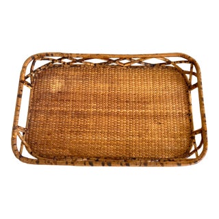 Large Woven Rattan Bamboo Rectangular Tray For Sale
