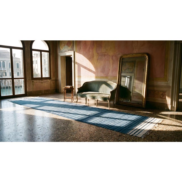 1930s Blue Stripe Antique Indian Cotton Dhurrie Rug 8'2'' X 40'2" Flatweave Carpet For Sale - Image 14 of 16