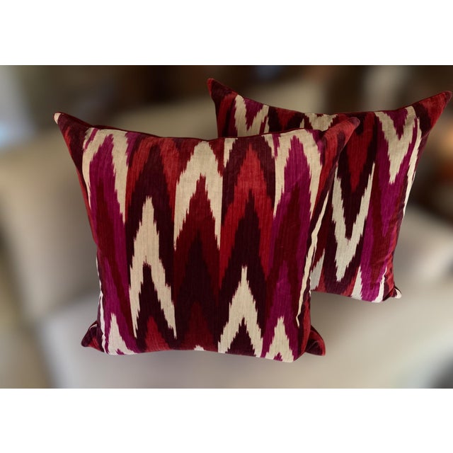 2020s Pair of 22" Custom Schumacher Kashgar Ikat Velvet Pillows Pattern 176102 in Ruby Plum For Sale - Image 5 of 18