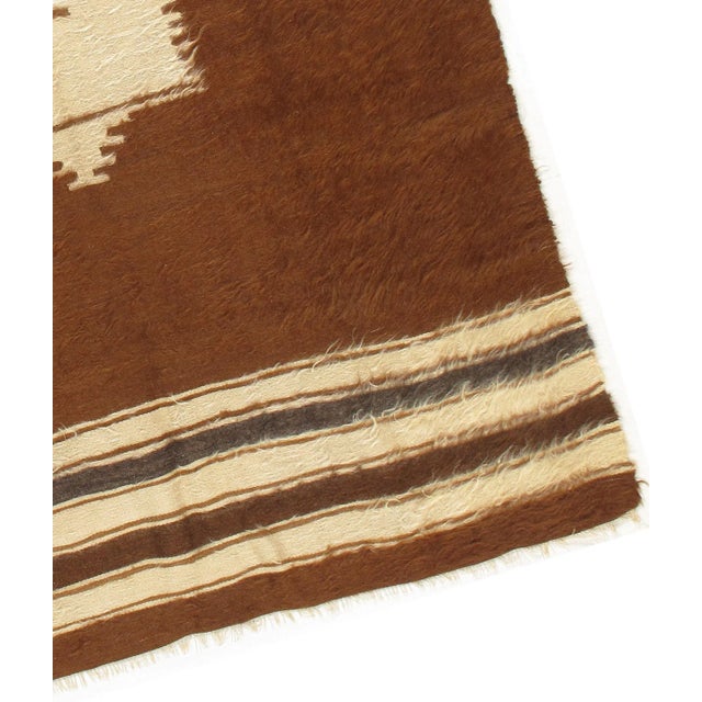 Vintage Turkish handwoven flat mohair rug, circa 1940's. Colors: brown/ivory/dark gray.