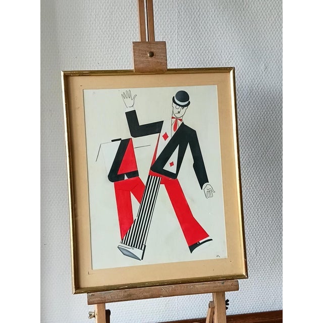 Rare Old framed drawing with gouache probably representing a theater costume project and inspired by constructivism of the...