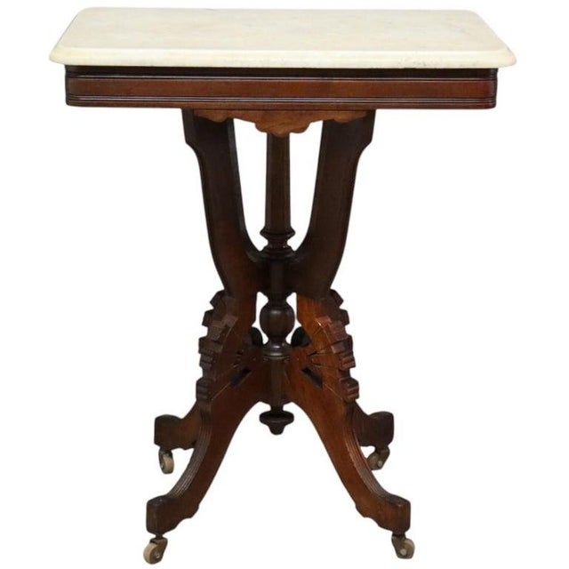 Antique Eastlake Carved Walnut Square Marble Top Table C1890 For Sale - Image 4 of 11