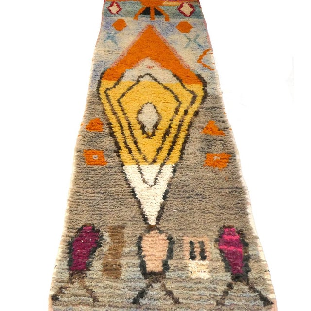 Vintage Moroccan runner hand woven in gray, yellow and orange wool in an abstract Berber pattern. Dimensions: 2'6 x 10'4