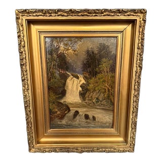 19th Century European Alpine Landscape Oil on Board With Hand-Carved Gilt Frame, Circa 1870 For Sale