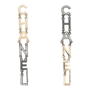 2020 Chanel Logo Long Earrings 3.5" Crystal Faux Pearl Yellow Black Gold Tone - 2 Pieces
