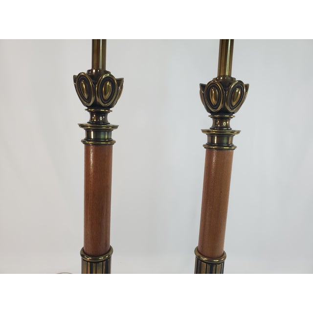Wood Vintage Stiffel Torchiere Table Lamps Brass Wood - Rare Neoclassical Design - a Pair For Sale - Image 7 of 13