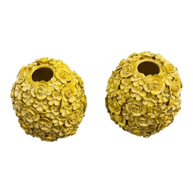 Ceramic Pair of Vintage Italian Majolica Ceramic Floral Ball Vases For Sale - Image 7 of 12