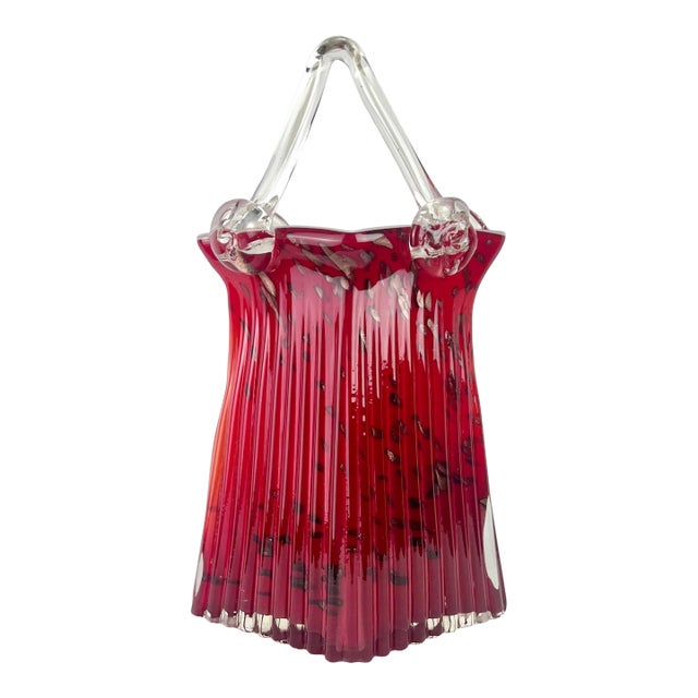 Vintage Murano Style Ruby Red Art Glass Purse Vase With Clear Handle & Aventurine Flecks For Sale