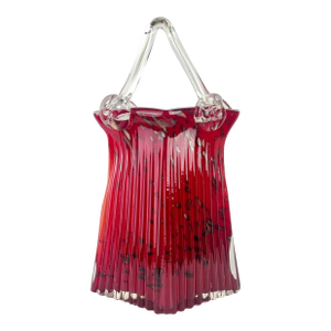 Vintage Murano Style Ruby Red Art Glass Purse Vase With Clear Handle & Aventurine Flecks