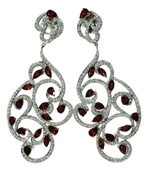 18k (750) White Gold Natural Brilliant Cut VVS Diamond & Ruby Earrings - Set of 2