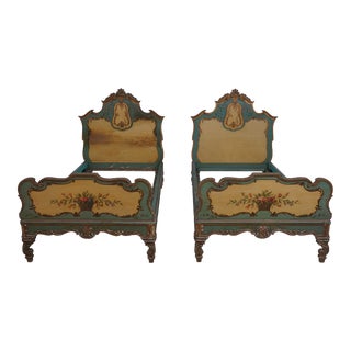 Pair Antique Venetian Paint Decorated Twin Beds For Sale