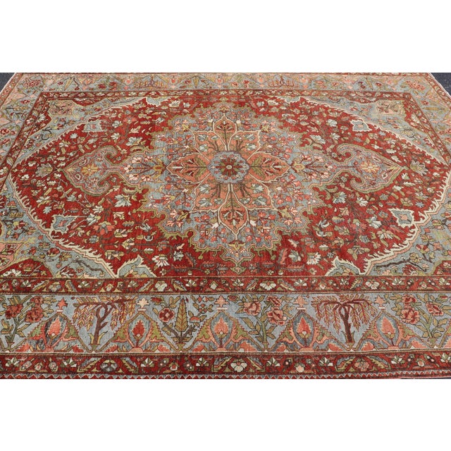 Antique Persian Bakhtiari Rug With Red Field and Blue Medallion Design For Sale - Image 12 of 16