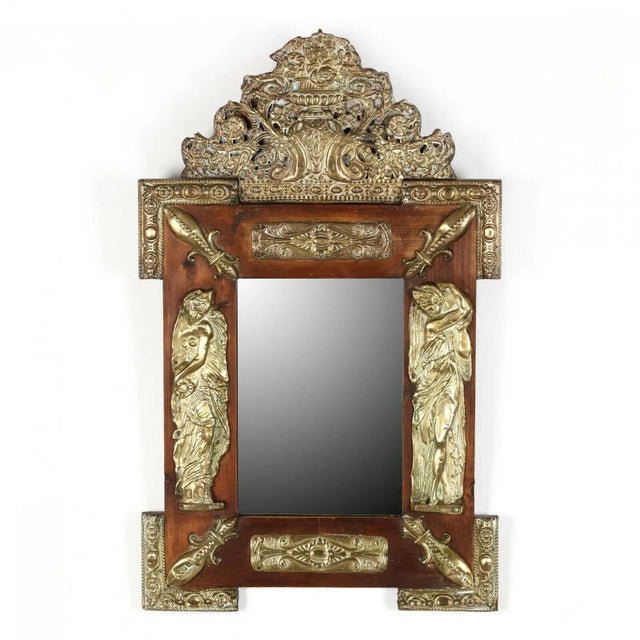 19th Century 1800s Antique Continental Repousse Brass Mount Pine Mirror For Sale - Image 5 of 5