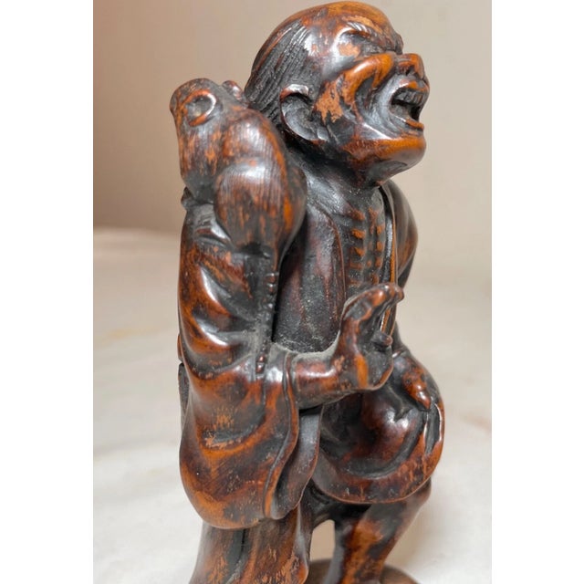 Rare Antique Japanese 1800's Hand Carved Boxwood Edo Sculpture Statue Netsuke 英仙 For Sale - Image 4 of 12
