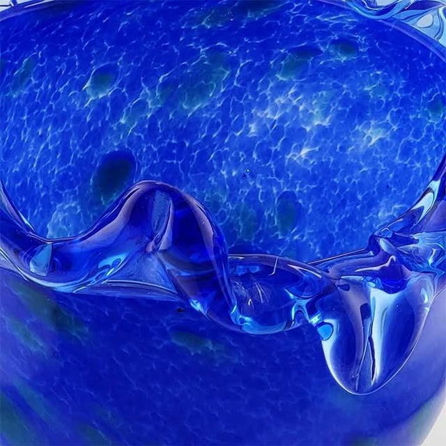 Vintage Cobalt Blue Art Glass Handkerchief Vase Ruffled Edge Hand Blown 10" For Sale - Image 4 of 6