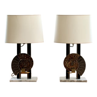 Hollywood Regency Ammonite Lamps in Brass, Marble and Lacquer, France, 1970s, Set of 2 For Sale