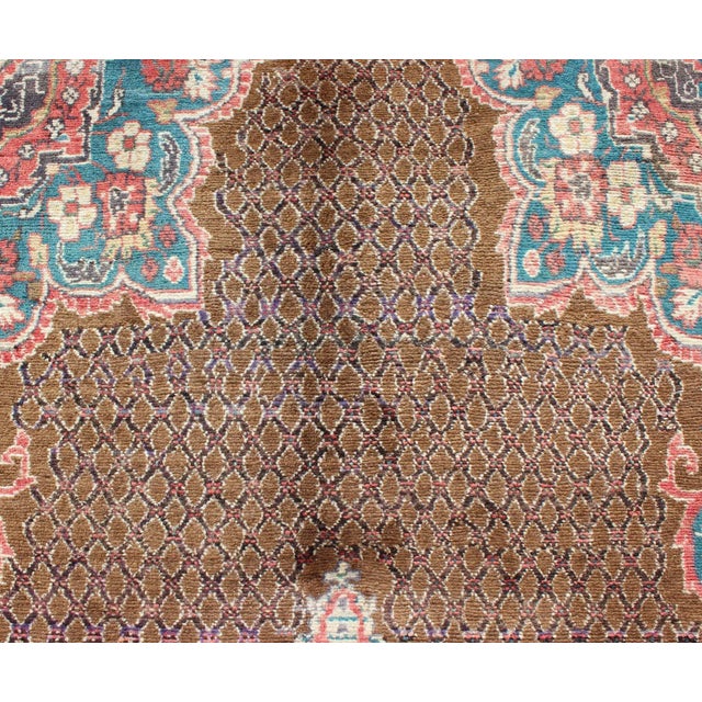 Camel Hair Vintage Persian Serab Rug in Brown, Red, Turquoise and Dark Blue For Sale In Atlanta - Image 6 of 13