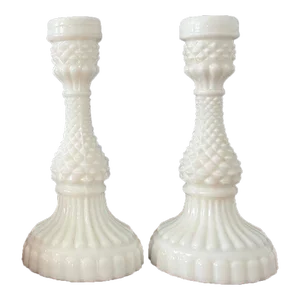 Set of Two Vintage 1960s Milk Glass Candle Holders