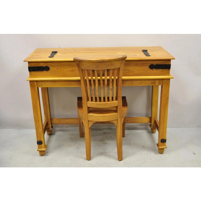 Vintage Colonial Campaign Style Teak Wood Flip Top Writing Desk with Side Chair. Item features a flip top, cast iron...