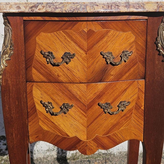 French Marquetry Nightstand in Marble and Wood, 1970s For Sale - Image 9 of 18