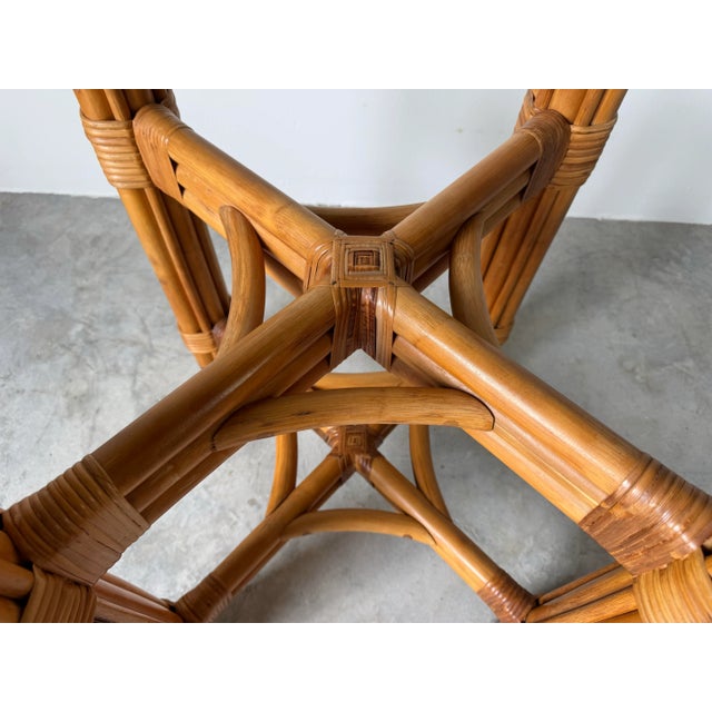 Wood Vintage Coastal Rattan Dining Table With Round Glass Top/ Sold For Sale - Image 7 of 12