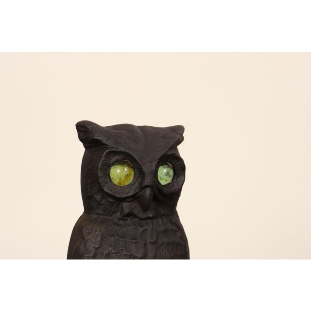 Vintage Cast Iron Perched Owl Andirons With Blue Green Glass Eyes For Sale - Image 12 of 18