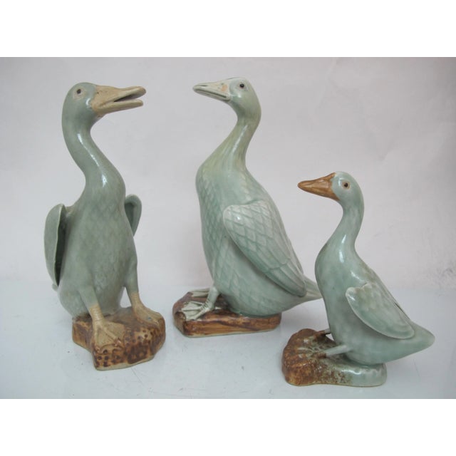 Vintage Chinese Celadon Glazed Porcelain Goose Family Figurine Statue Trio For Sale - Image 4 of 10