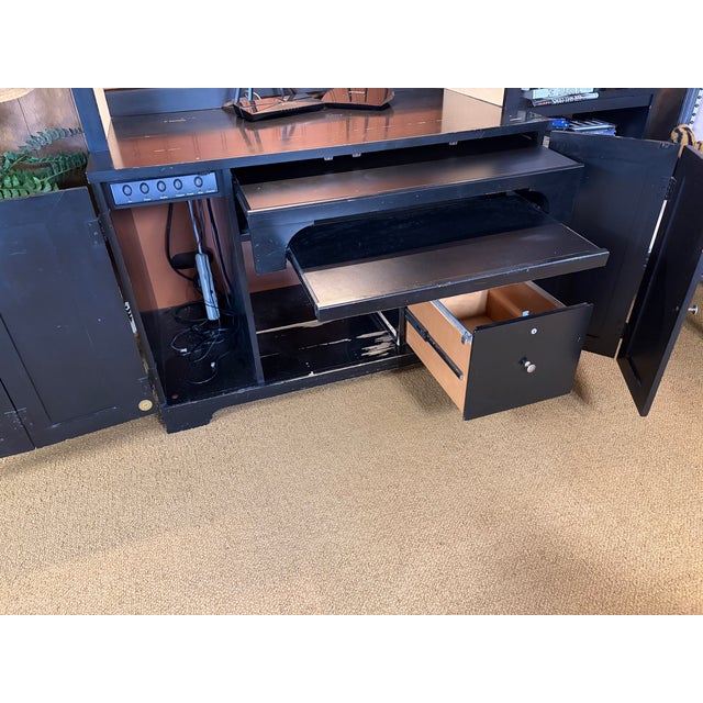Attributed to Hooker Furniture Computer Credenza Desk/Workstation With Lighted Hutch and Glass Door Display Sections. For Sale - Image 9 of 13