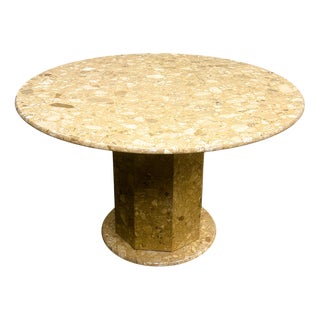 Round Breccia Marble Pedestal Table | 1980s Vintage Stone Dining Table | Postmod For Sale