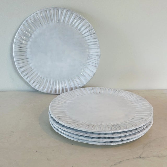 Vintage Vietri Italy Ceramic Round Sun-burst Large Dinner Plates in Antique White, Set of Five Measure approx: 13D x 0.5H...
