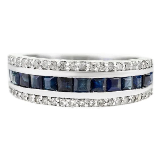 Modernist Sapphire & Diamond Stackable Band Ring in 925 Silver- Size 6.5 For Sale