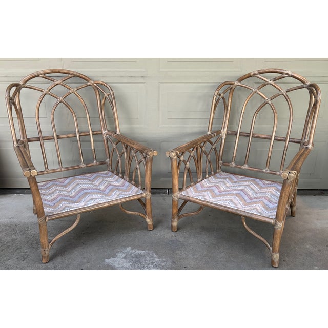 McGuire Pickled Finish Rattan Wing Back Lounge Club Chairs a Pair For Sale - Image 10 of 12