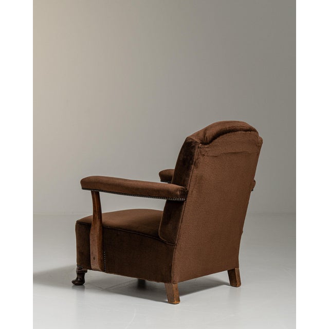 1940-1949 France Deep Espresso Brown Upholstered Wingback Armchair For Sale - Image 10 of 11