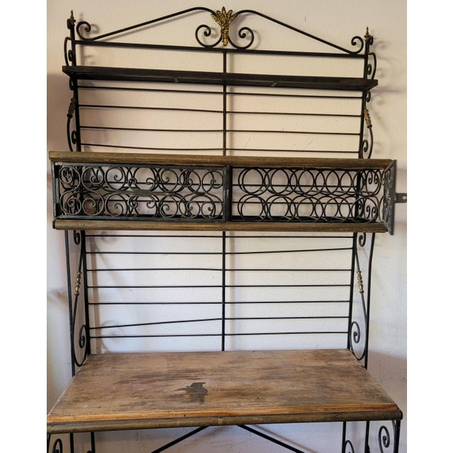 RFrench Perfit Fils Ltd. Rare Wrought iron baker’s rack with butcher block shelf & wine rack. Wine bottle storage and Wine...
