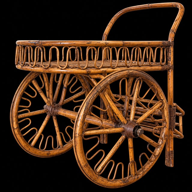 Wood French Riviera Rattan Bar Cart Audoux & Minet 1950s For Sale - Image 7 of 10