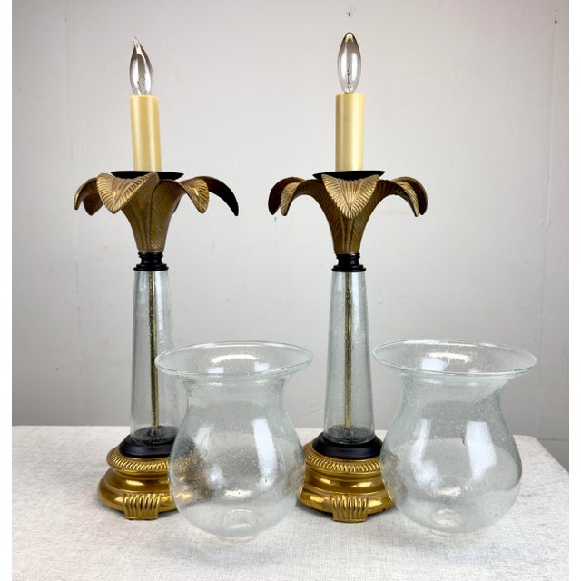Brass Vintage Hollywood Regency Coastal Brass Palm Hurricane Shade Frederick Cooper Style Table Lamps - a Pair For Sale - Image 8 of 11