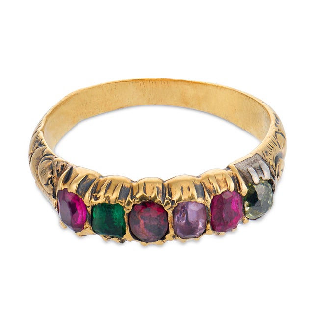 Victorian 19th Century Victorian Gemstone 18k Yellow Gold Regard Ring, Size 4.25 For Sale - Image 3 of 7