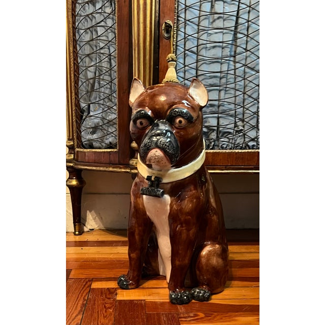 Victorian Large Antique 19th Century English Victorian Majolica Dog Figure of a Boxer, Bulldog or Boston Terrier For Sale - Image 3 of 12