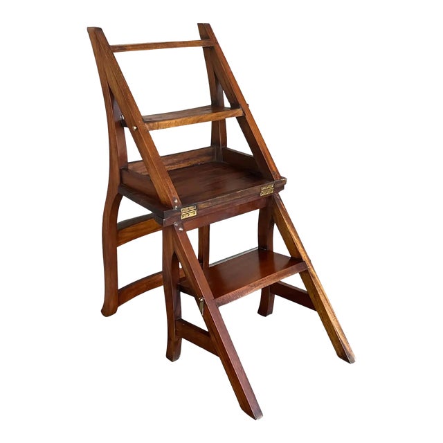 Vintage French Country Carved Oak Metamorphic Folding Chair Step Ladder For Sale
