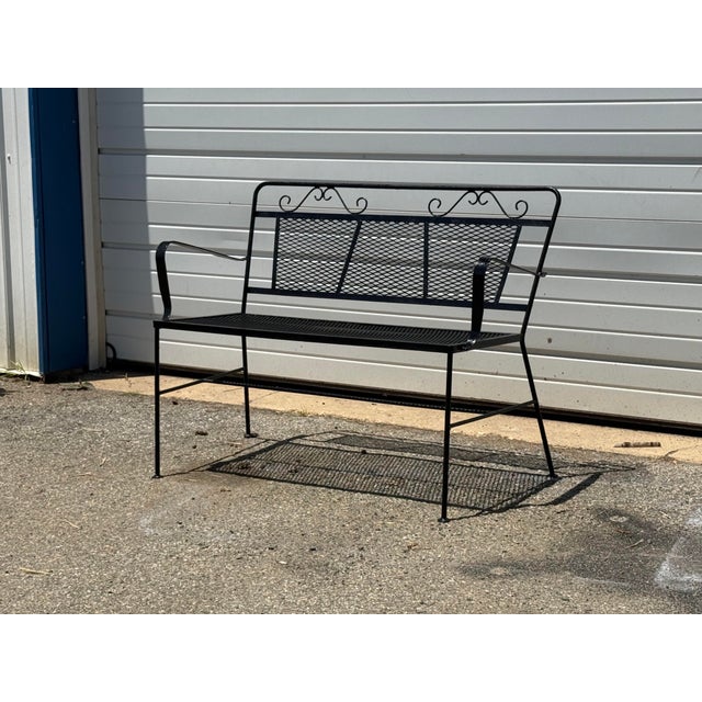 Vintage Woodard Style Wrought Iron Mesh Patio Bench For Sale - Image 9 of 12