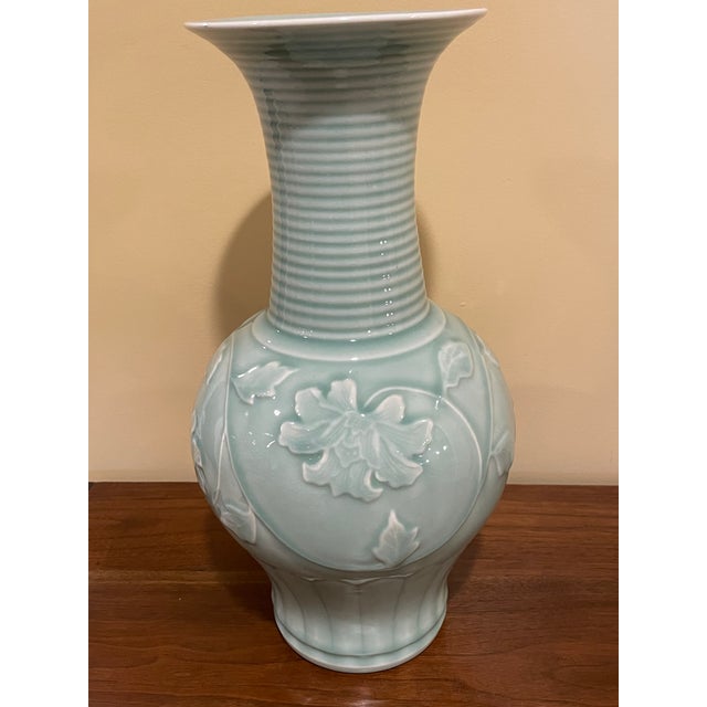 Asian Antique Large Mid-Century Celadon Vase Featuring Embossed Lotus Flowers For Sale - Image 3 of 7