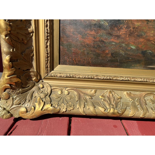 Up for sale is a stunning original large antique 19th-century oil painting on canvas that captures a glowing forest...