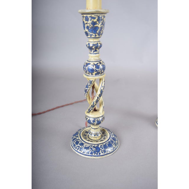 Large Antique Kashmiri Blue and White Candlestick Lamps, 1890s, Set of 2 For Sale - Image 6 of 17
