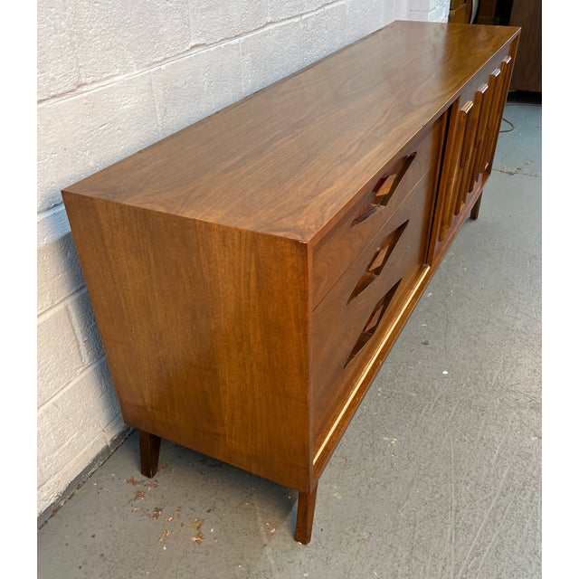 Wood Unique Mid-Century Burl and Walnut Diamond Motif Credenza For Sale - Image 7 of 16