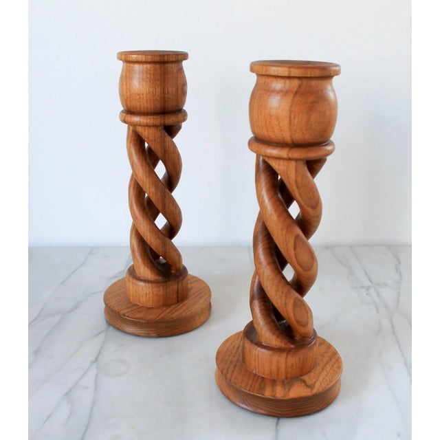 Mid-Century Modern Pair of Hand Carved Wood Open Barely Twist Candlesticks For Sale - Image 3 of 6