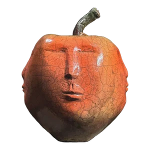 Vintage Large Surrealist Raku Fired Crackle Glazed Ceramic Anthropomorphic Apple Sculpture