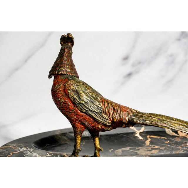 Impressive Antique Austrian Bronze Pheasant Sculpture Statue Black Veined Marble Desk Dresser Tray Catchall Art Deco Home Decor For Sale - Image 13 of 17