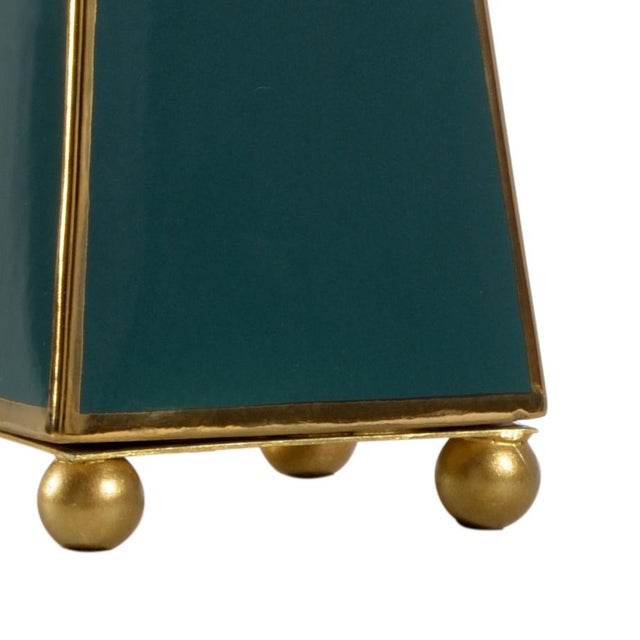 Pyramid Shaped Ceramic Lamp Hand Finished In Quetzal Green And Metallic Gold On Ball Feet Clean with a dry cloth
