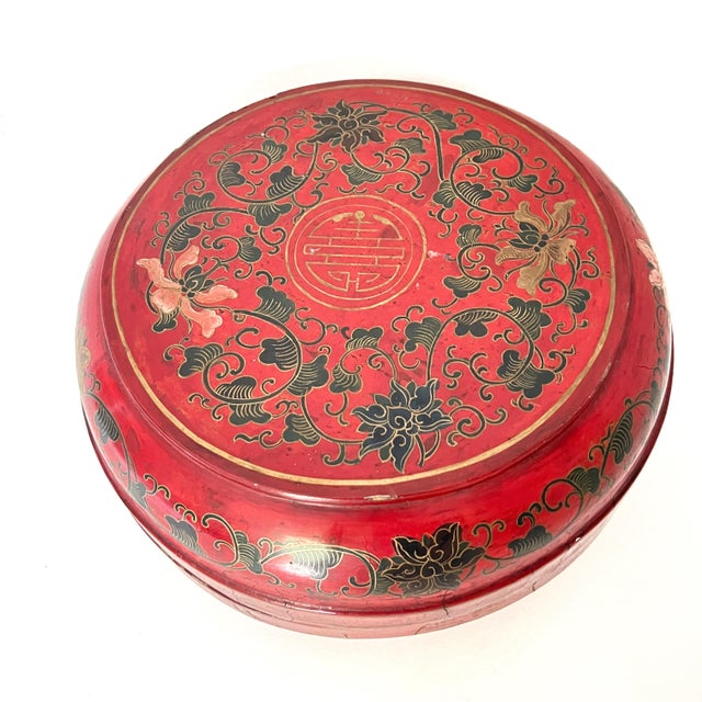 Large 14" Antique Chinese REd Lacquer Wedding Box For Sale - Image 9 of 16