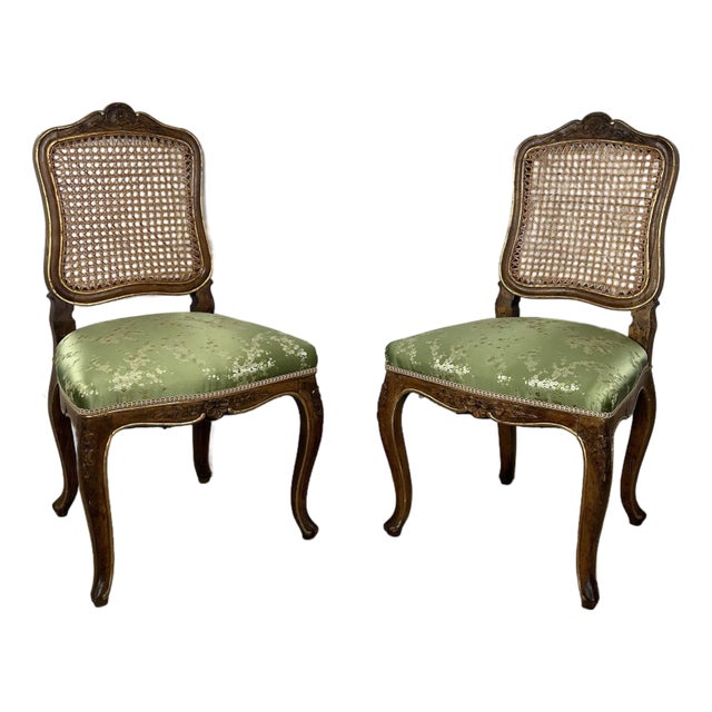 Pair French Provincial Louis XV-Style Side Chairs – Walnut & Green Upholstery For Sale